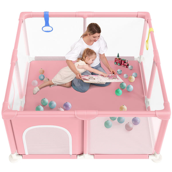 Dripex Baby Playpen, 52"×52" Play Pens for Babies and Toddlers, Safe Anti-Fall Play Yard with Gates, Baby Fence with Breathable Mesh, Indoor & Outdoor Kids Activity Center, Princess Pink