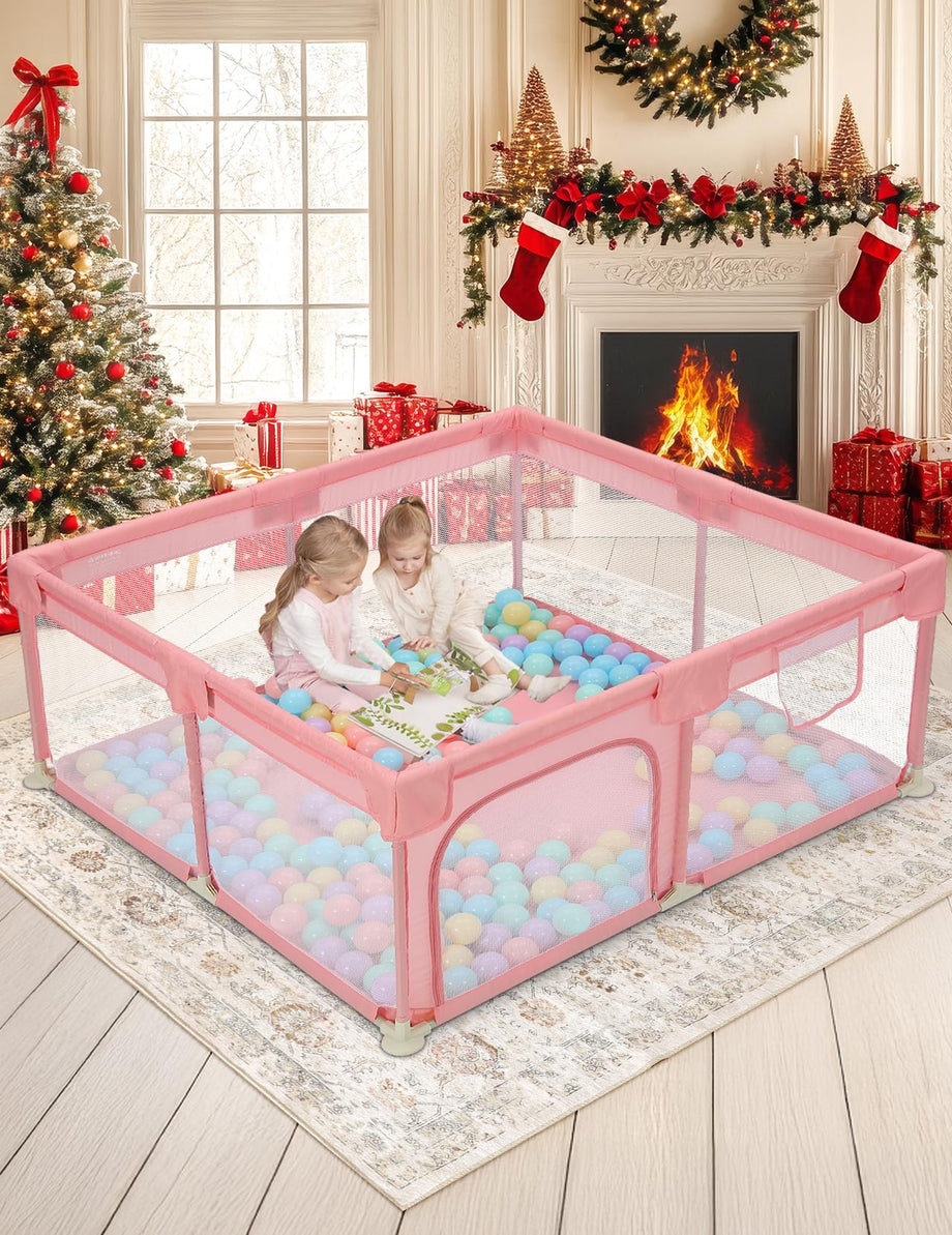 Dripex Baby Playpen, 52"×52" Play Pens for Babies and Toddlers, Safe Anti-Fall Play Yard with Gates, Baby Fence with Breathable Mesh, Indoor & Outdoor Kids Activity Center, Princess Pink