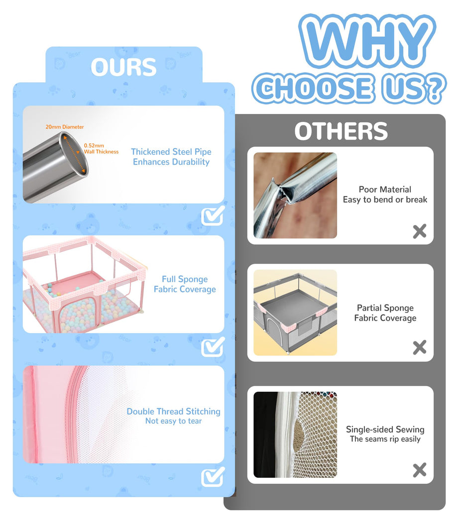 Dripex Baby Playpen, 52"×52" Play Pens for Babies and Toddlers, Safe Anti-Fall Play Yard with Gates, Baby Fence with Breathable Mesh, Indoor & Outdoor Kids Activity Center, Princess Pink