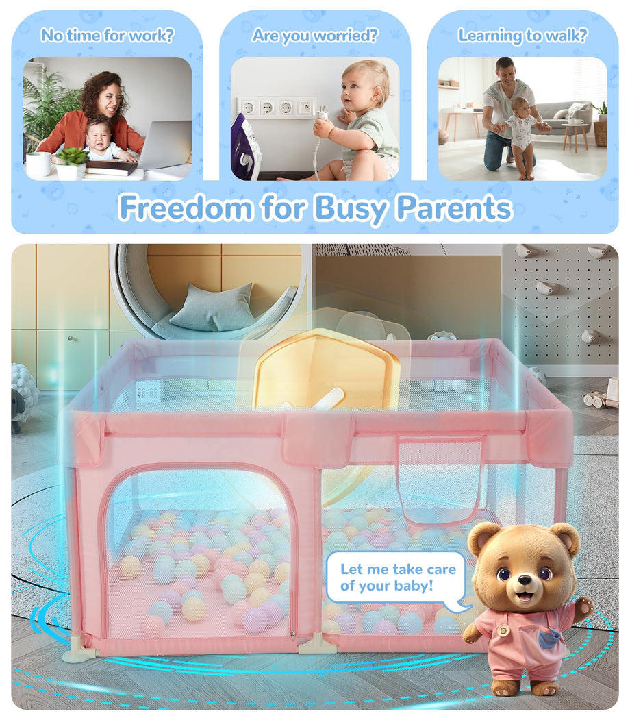 Dripex Baby Playpen, 52"×52" Play Pens for Babies and Toddlers, Safe Anti-Fall Play Yard with Gates, Baby Fence with Breathable Mesh, Indoor & Outdoor Kids Activity Center, Princess Pink
