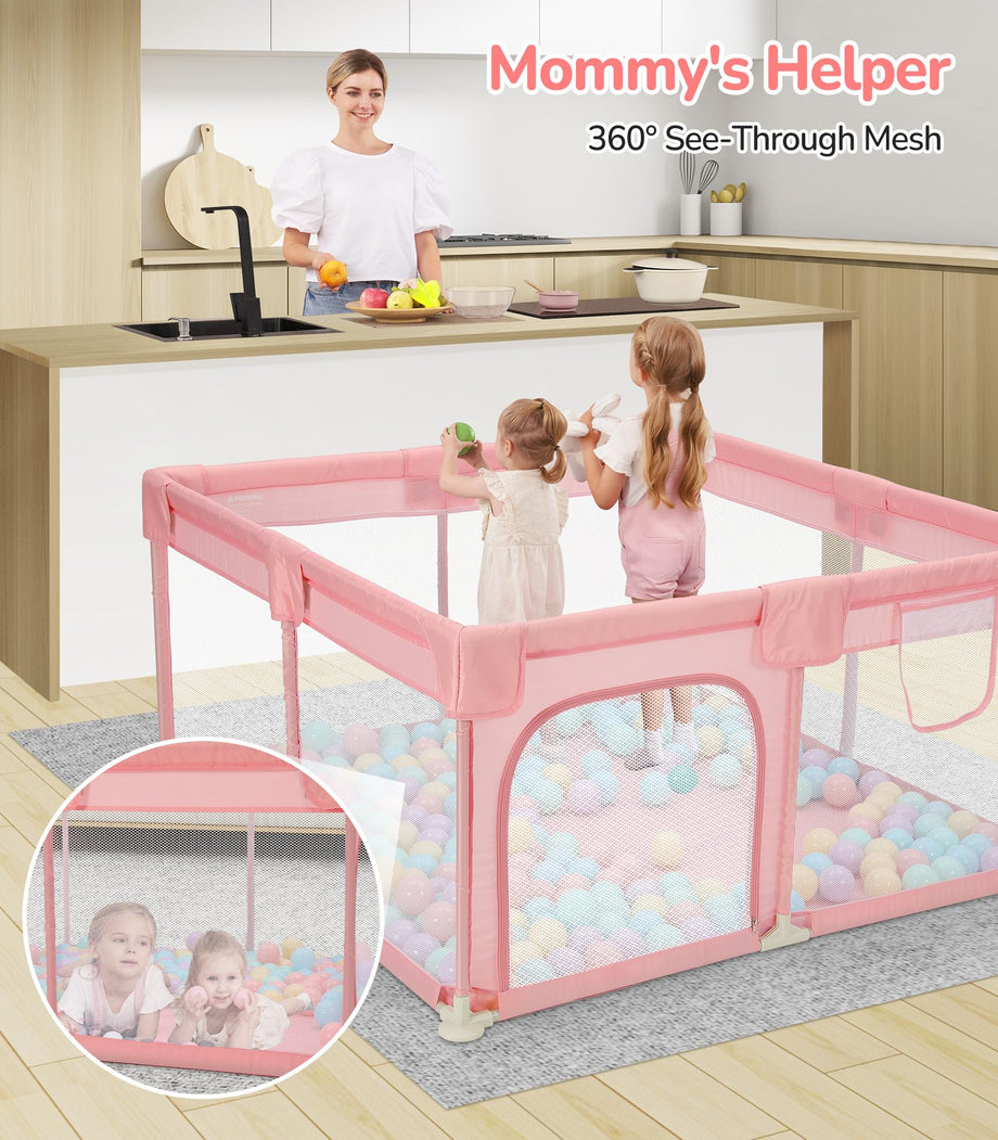 Dripex Baby Playpen, 52"×52" Play Pens for Babies and Toddlers, Safe Anti-Fall Play Yard with Gates, Baby Fence with Breathable Mesh, Indoor & Outdoor Kids Activity Center, Princess Pink